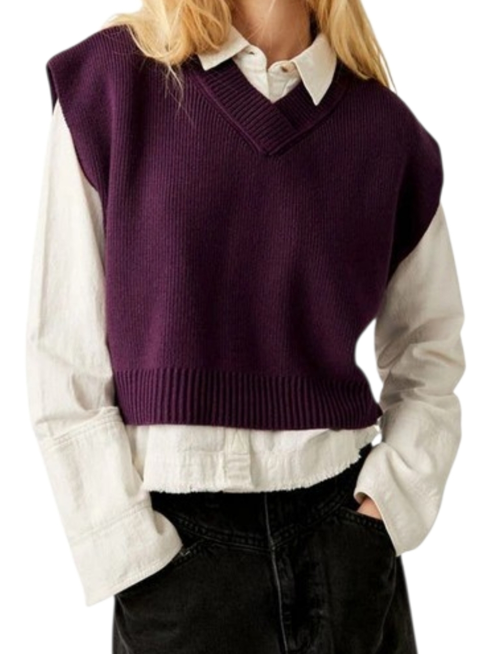 Free People Easy Street Sweater Vest Purple Ribbed V Neck Cropped XS NWT